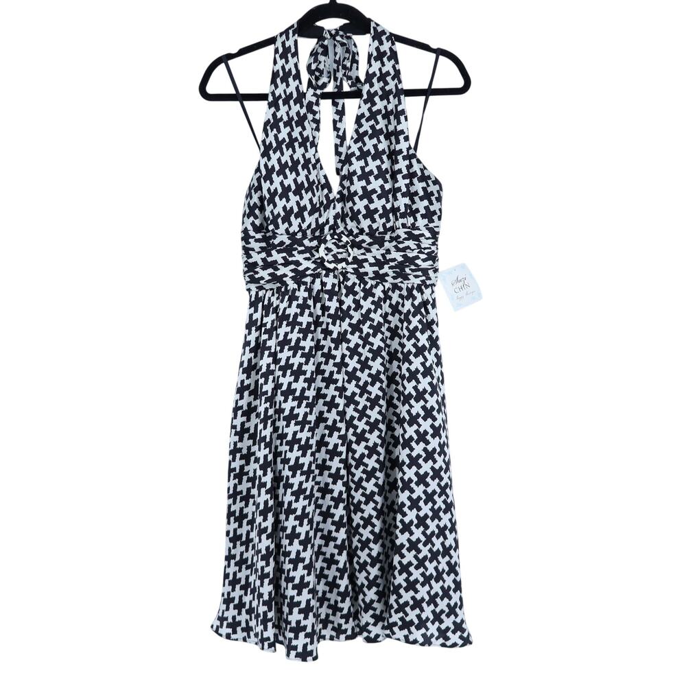 Suzi CHIN Maggy Boutique Satin Halter Mini Dress Black White NWT Cross Women's 8